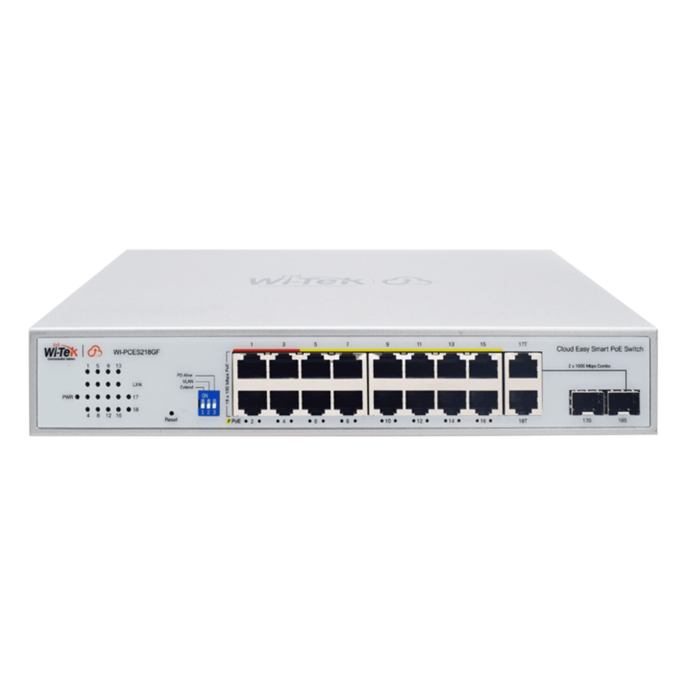 Switch PoE / Administración en la nube / Con 16 puertos 10 / 100 Mbps PoE af / at (Puertos 1-4: bt 90W) / 2 Puertos Uplink 10 / 100 / 1000 Mbps / 1 Puerto SFP Gigabit / Presupuesto 250 W / PoE hasta 250 metros / Soporta protocolo ONVIF