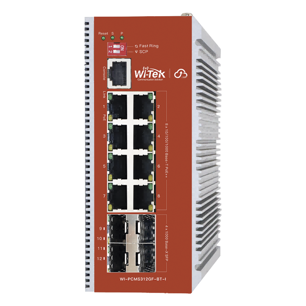 Switch industrial administrable 8 puertos, PoE, Gigabit, capa 2, 4 puertos SFP