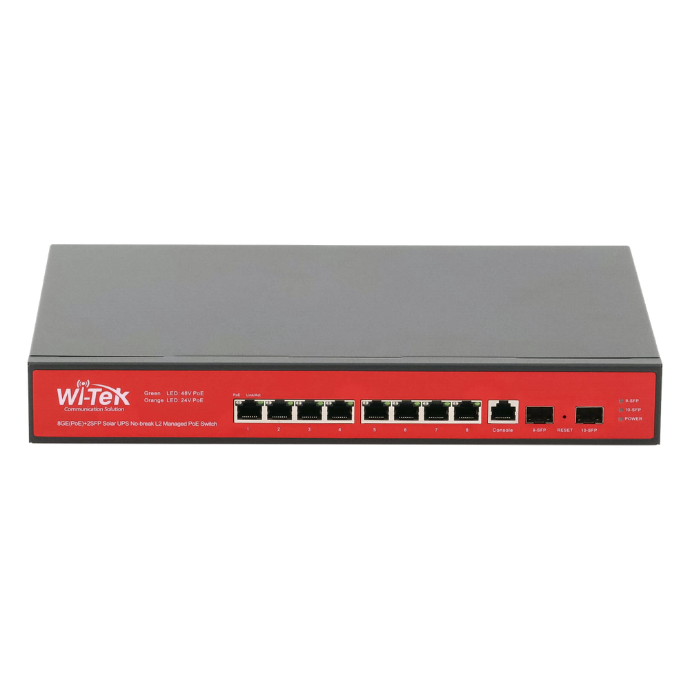 Switch Administrable Capa 2 de 8 puertos 10 / 100 / 1000 PoE af / at + 2 x SFP Gigabit, con respaldo para energía solar