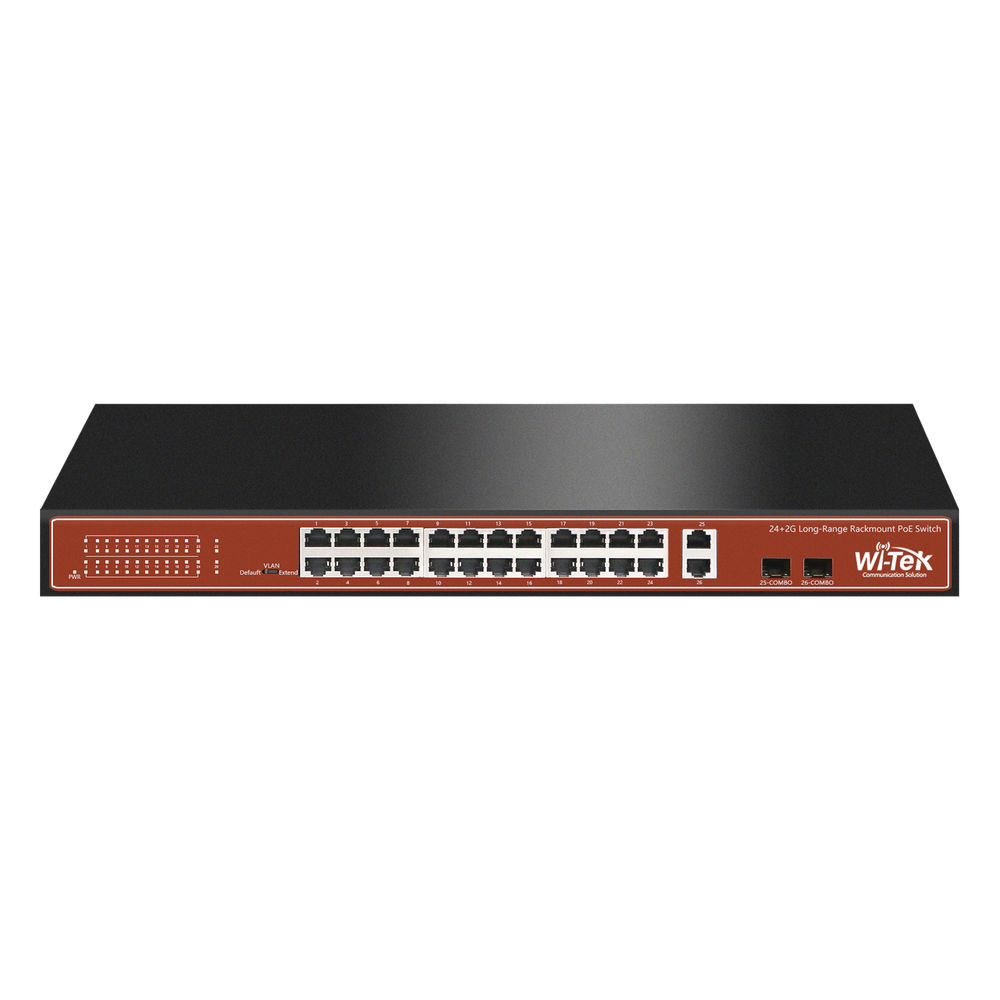 Switch PoE (802.3af / at / bt) / No administrable de largo alcance / Hasta 250m / Con 24 x 10 / 100Mbps + 2 x SFP Gigabit Combo / 250 W