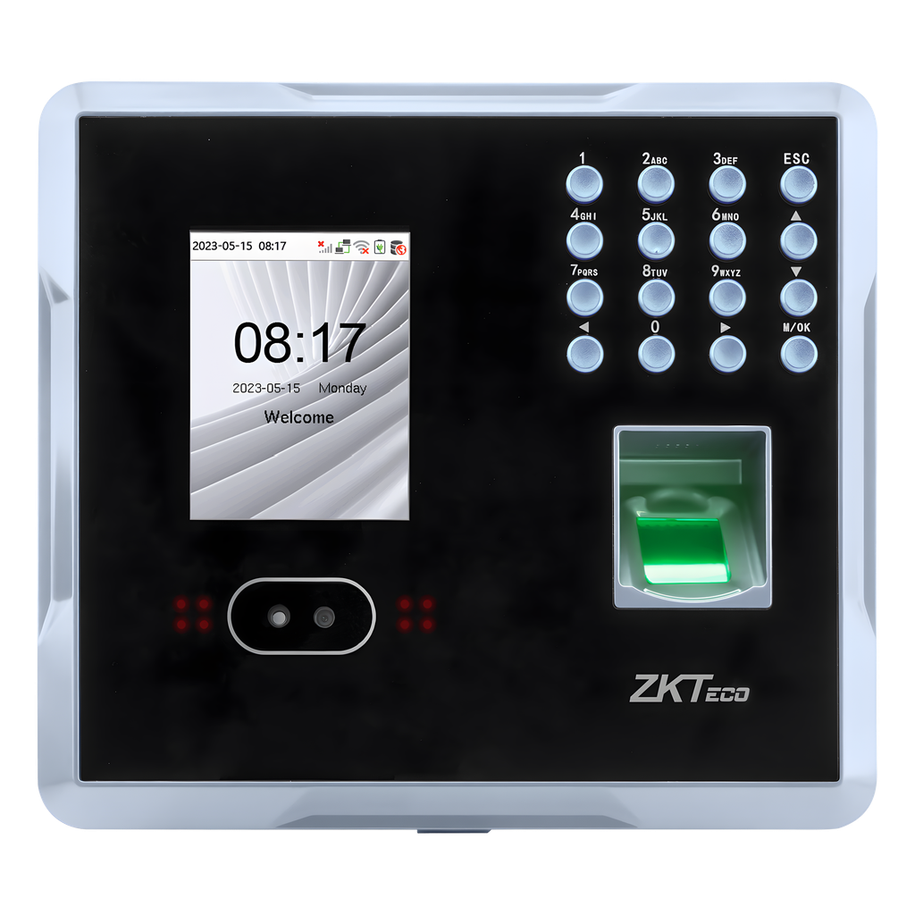 Terminal Multi-Biométrica de Asistencia y Control de Acceso / Reconocimiento Facial, Huella y Tarjeta / 2,000 Usuarios / 1,500 Rostros / 2,000 Huellas / 100,000 Eventos / TCP / IP Wi-Fi USB / ADMS / Pantalla 2.8" TFT