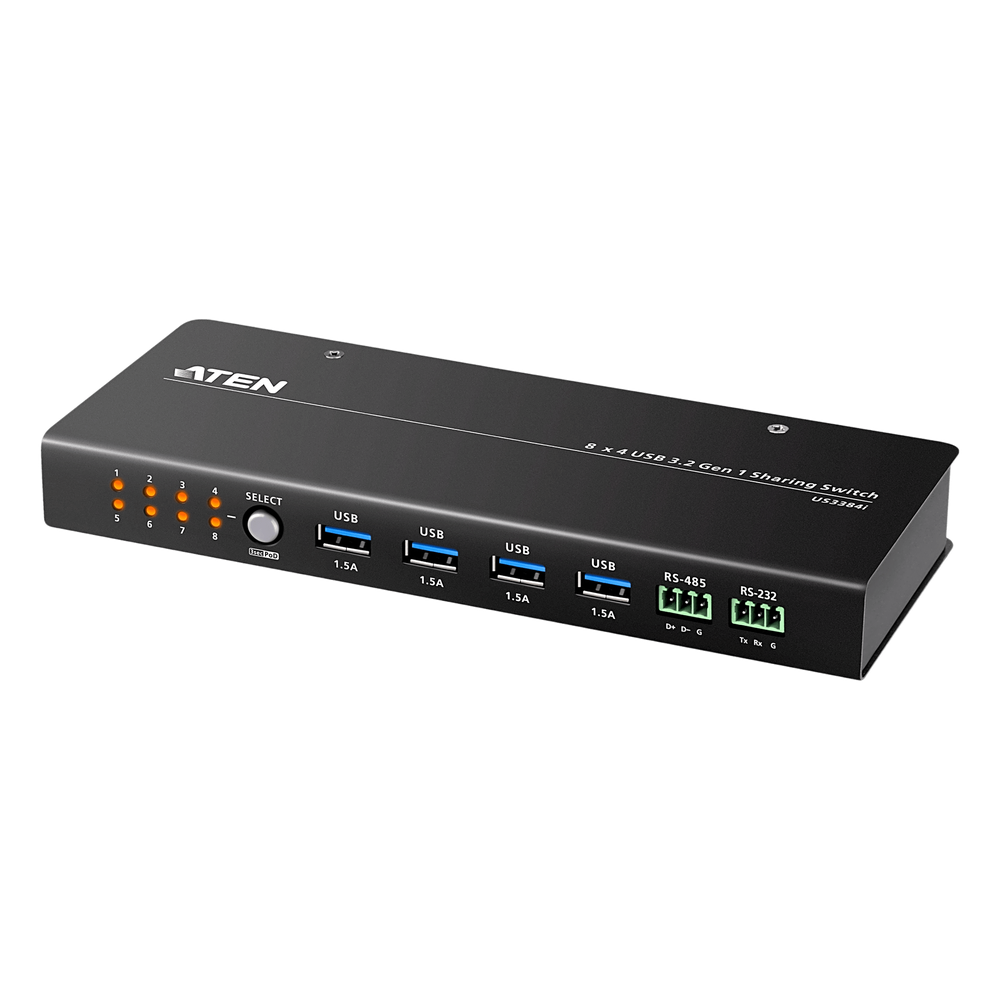 [US3384I] Conmutador de Uso Compartido USB 3.2 Gen 1 Industrial | 8 Puertos para Computadoras | 4 Puertos para Dispositivos | 5 Gbps | Selección por Botón, RS-232 / 485 o Remoto | Power on Detection | Carcasa de Metal | montaje en Pared