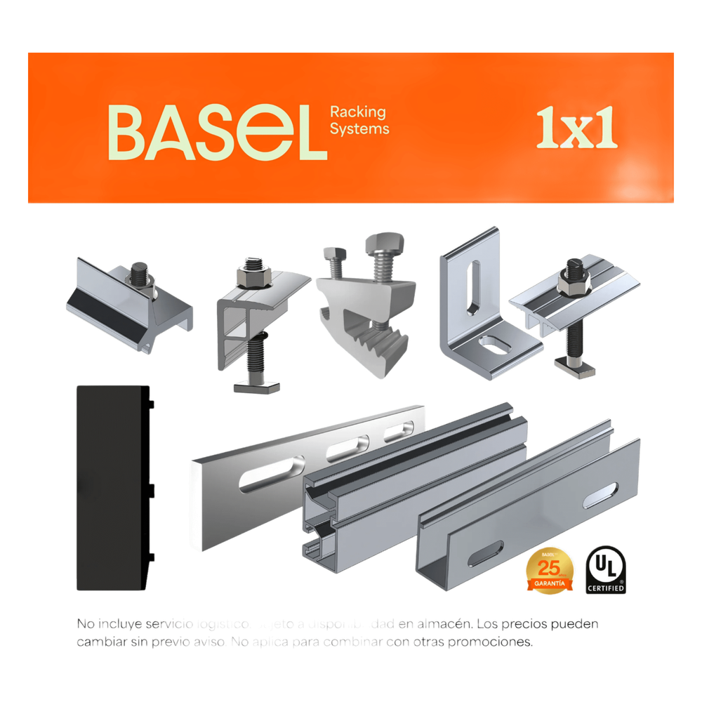[KITBASEL1X1] Kit Basel Sistema de montaje Solar para 1 Módulo / Inclinación 10° / Para Módulo 645 W / Dimensiones del Módulo 2.382 m (7.8 ft) x 1.134 m (3.7 ft) / Velocidad de Viento 170 km / h / Losa Plana Una Fila