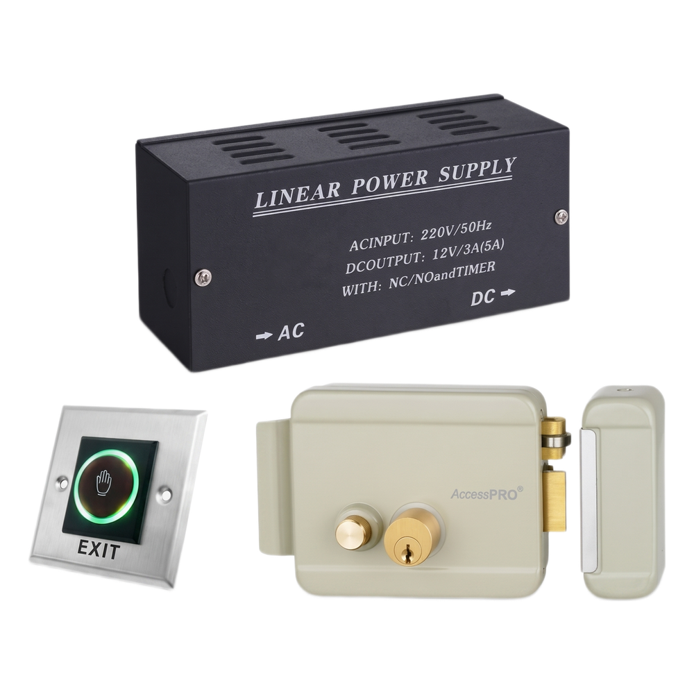 [ACCESSRIMB-KIT] Kit Control de Acceso / Fuente Alimentación 36W 13.2VCD / Cerradura Eléctrica Derecha / Botón IR 5-15 cm / Acero Inoxidable / Indicadores LED / Relevador NO-NC-COM