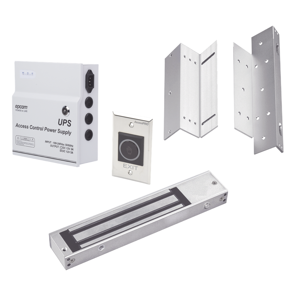 Kit para control de acceso incluye Fuente de 12VCD con respaldo de batería / Chapa magnética de 600Lbs / Montajes L y Z / Botón de salida