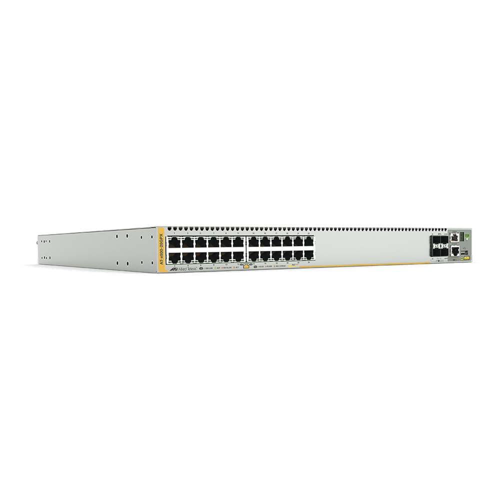 Switch PoE+ Stackeable Capa 3, 24 puertos 10 / 100 / 1000 Mbps + 4 puertos SFP+ 10 G y dos bahías hotswap PSU, Versión Federal