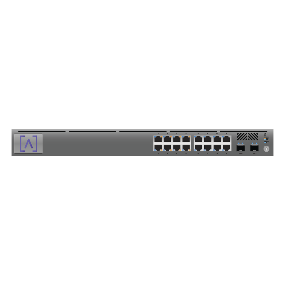 Switch administrable 16 puertos, PoE+, Gigabit, 2 puertos SFP, 120 W