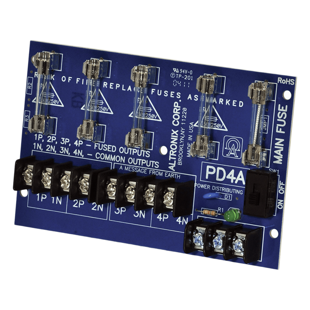 Módulo Distribuidor de Energía / 4 Salidas con Fusible 2.5A / Entrada 28VAC o 28VDC hasta 10A / Fusibles 3.5A / 250V / LED Indicador por Salida / montaje Compacto
