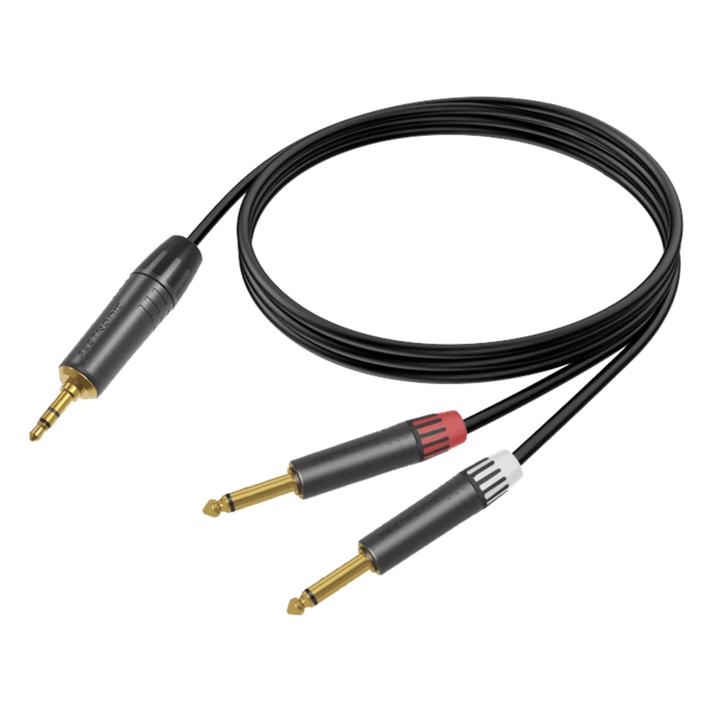 Cable de Audio | Plug 3.5mm estéreo a 2 Plugs 1 / 4 in mono | Conector Seetronic Serie M MTP3C-BG - MP2X-BG | Longitud 3m