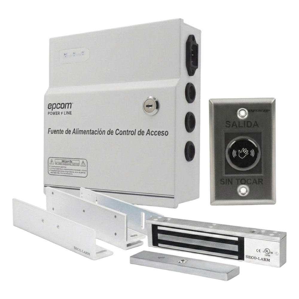 Kit para Control de Acceso Incluye Fuente de 12VCD / Soporta Batería de Respaldo / Chapa Magnética de 600Lbs / Montajes L y Z / Botón de salida / Certificación UL y ETL