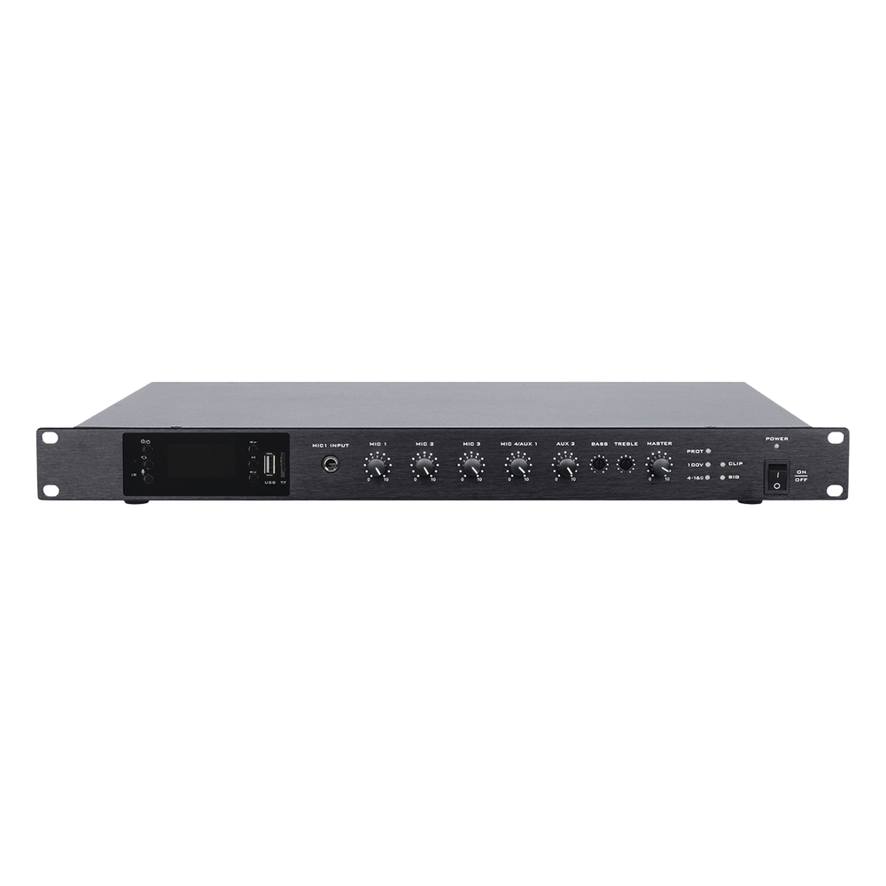 Amplificador de Audio | 1 canal | 350 W | Sistema 100V y Baja Impedancia | 4 Entradas de Micrófono Balanceadas | Bluetooth | USB | SD | FM | montaje en Rack