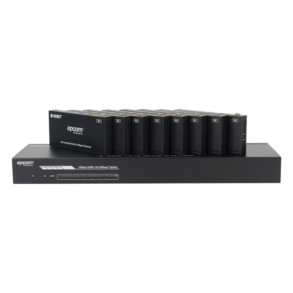 Splitter mas Extensor de Video | 1x8 | ProAV | HDBaseT™ | 120m en 4K@60Hz | 150m en 1080p@60Hz | Cat6 / 6a / 7 | Gestión Avanzada EDID | Control IR y RS232 | PoC | Salida de Audio
