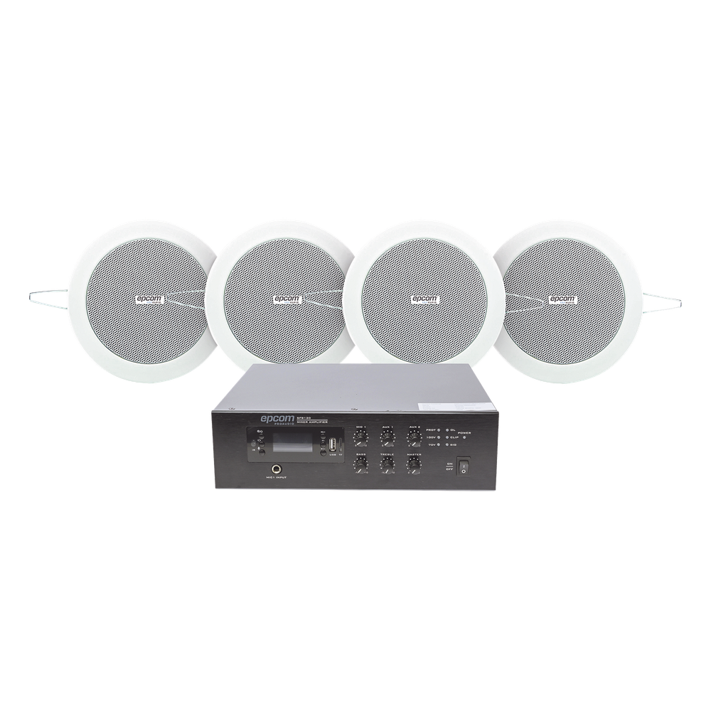 [SFB120/4CS] KIT de Amplificador de 120W para Escritorio | 4 Altavoces de Plafón de 4in | 3 - 6W | Sistema 70 / 100V