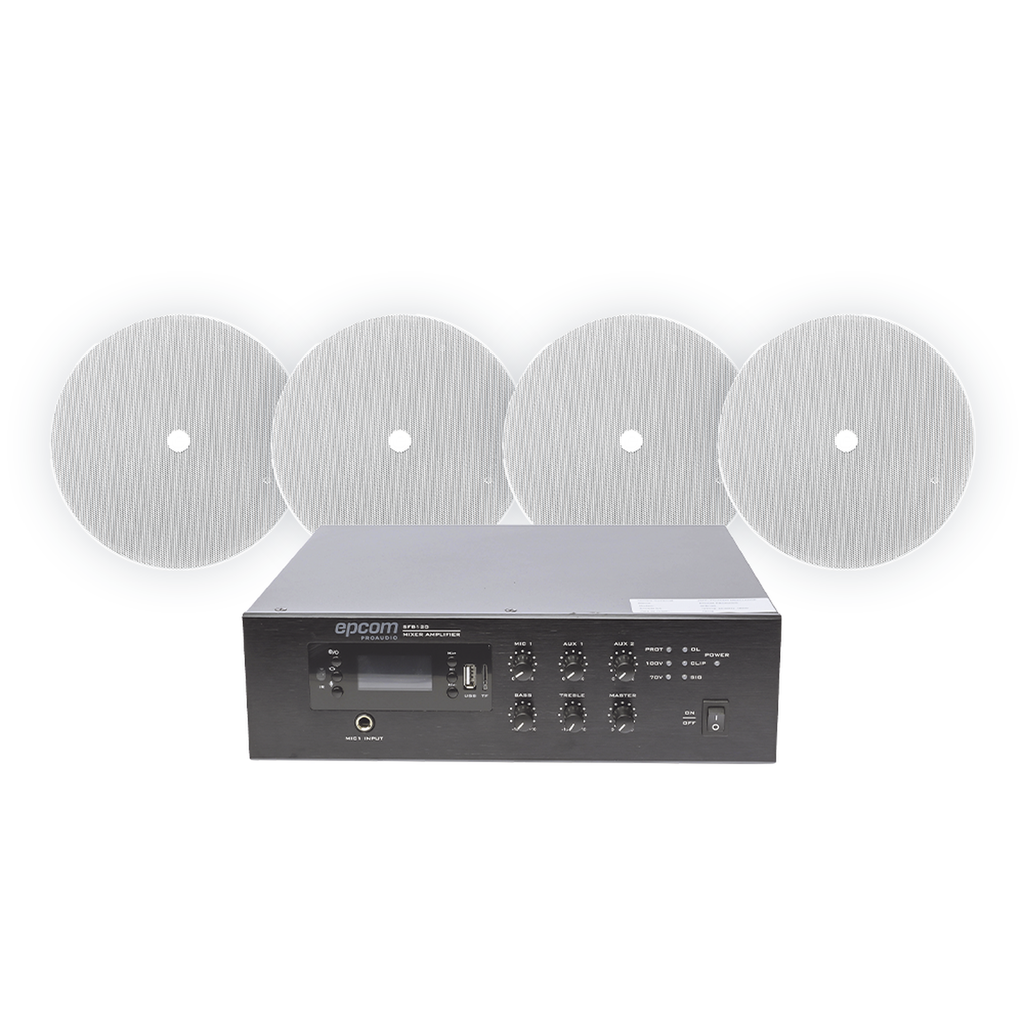 [SFB120/4CST] KIT de Amplificador de 120W para Escritorio | 4 Altavoces 6" | montaje en Techo | 20W | 70 / 100V