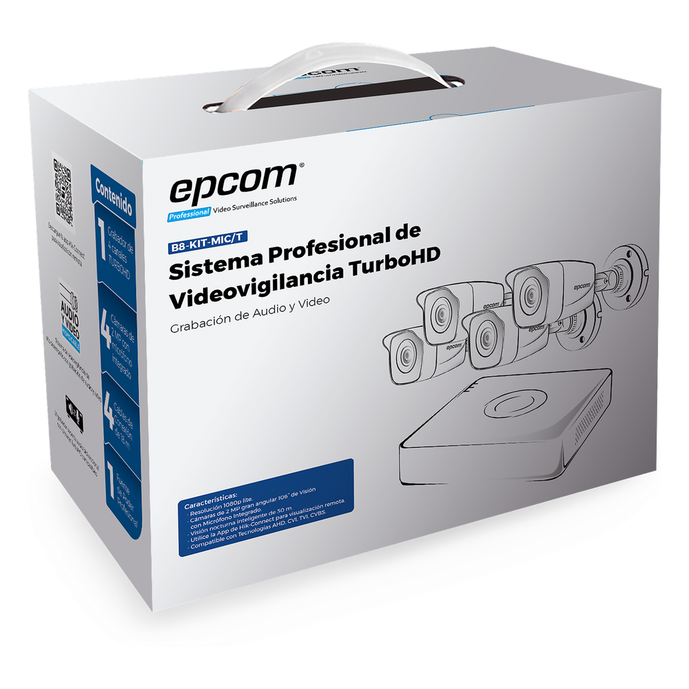[B8-KIT-MIC/T] (MICRÓFONO Integrado + Detección de Movimiento 2.0) Kit TurboHD 1080p Lite / DVR 4 canales / Audio por Coaxitron / 4 Cámaras Bala de Metal con Micrófono Integrado