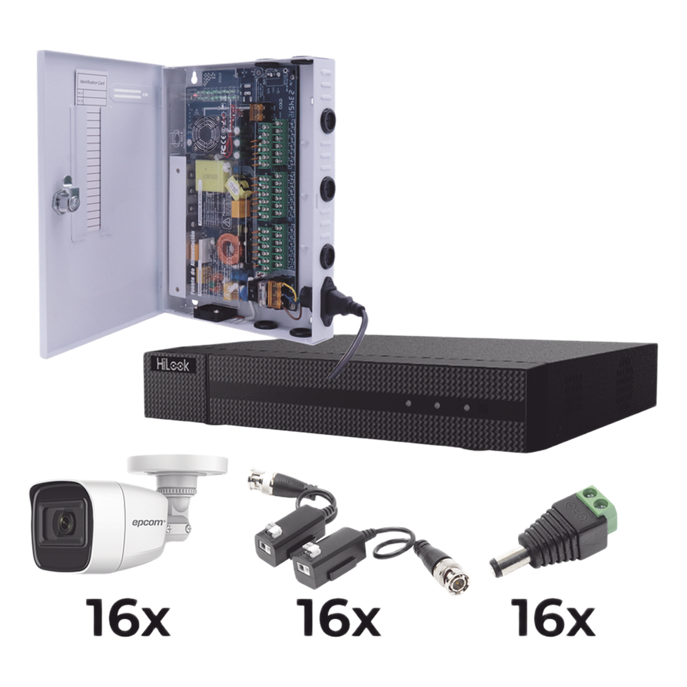 [KESTX8T16BGP/A] KIT TurboHD 1080p / DVR 16 Canales / 16 Cámaras Bala Policarbonato con Micrófono (exterior 2.8 mm) / Transceptores / Conectores / Fuente de Poder Profesional
