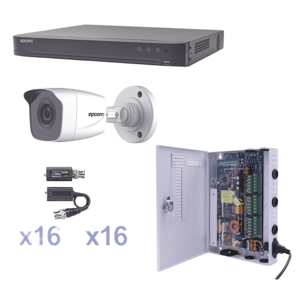 [KEVTX8T16BW] KIT TurboHD 1080p / DVR 16 Canales / 16 Cámaras Bala (exterior 2.8 mm) / Transceptores / Conectores / Fuente de Poder Profesional