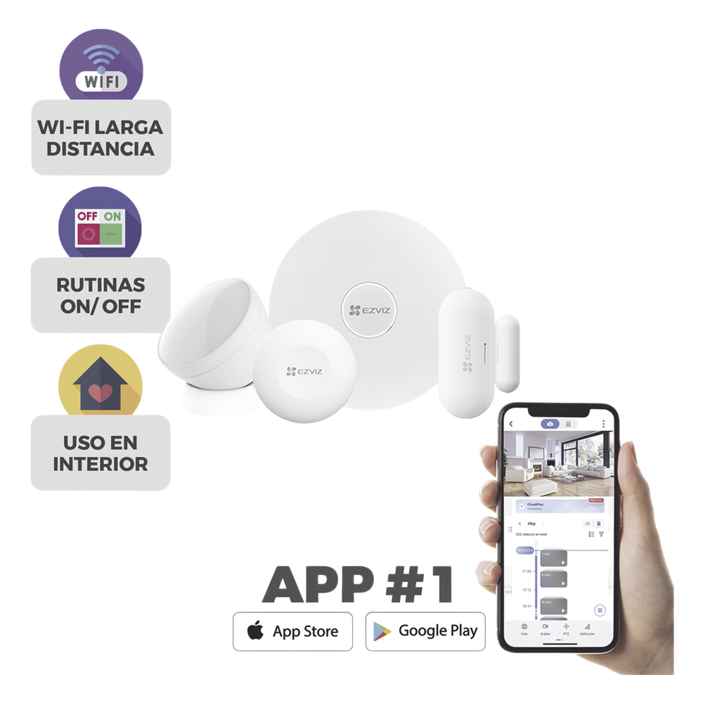[CS-B1] Kit de Alarma inalámbrico / Incluye: 1 Hub, 1 Sensor PIR, 1 Contacto Magnético y 1 Smart Boton / Configuración y Visualización por App Móvil EZVIZ / Protocolo Zigbee