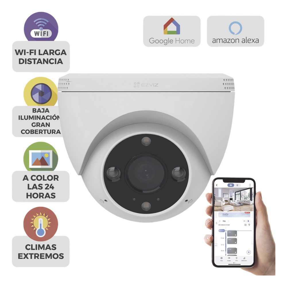 Domo IP 3 Megapíxel (2K) / Wi-Fi / Sirena y Estrobo / Audio de Dos Vías / Detección Humana y Vehiculo / Notificación Push / Audios Personalizables / Ranura Para Memoria hasta 512GB / Uso en Exterior IP67