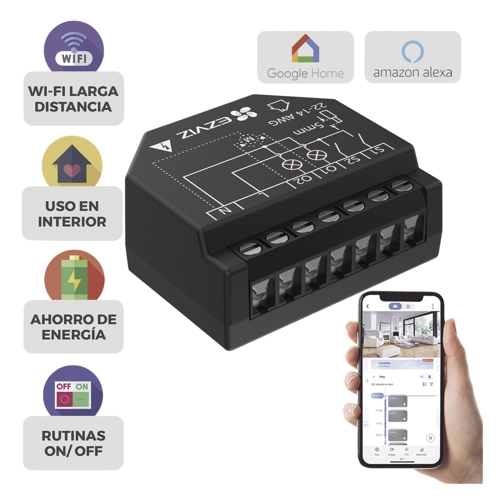 Relevador Wi-Fi Inteligente / 2 Salidas Para 2 Apagadores / Ideal Para Control de Iluminación / Control Remoto / Horarios Personalizados / Registro de Consumo / 110-240VCA