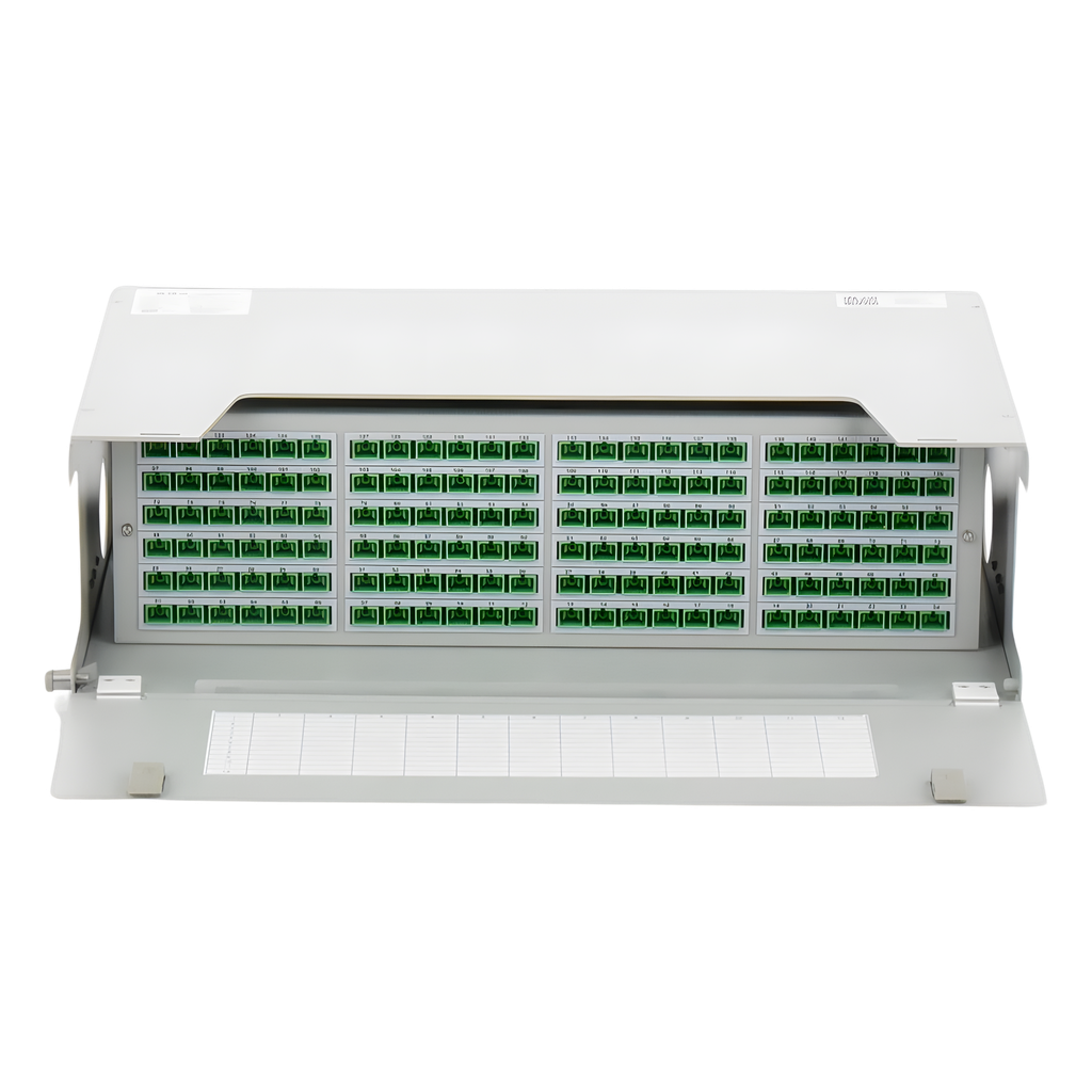 Distribuidor de Fibra Óptica para 144 Empalmes, con 144 Acopladores SC / APC y 144 Pigtails SC / APC, 19, 3 UR