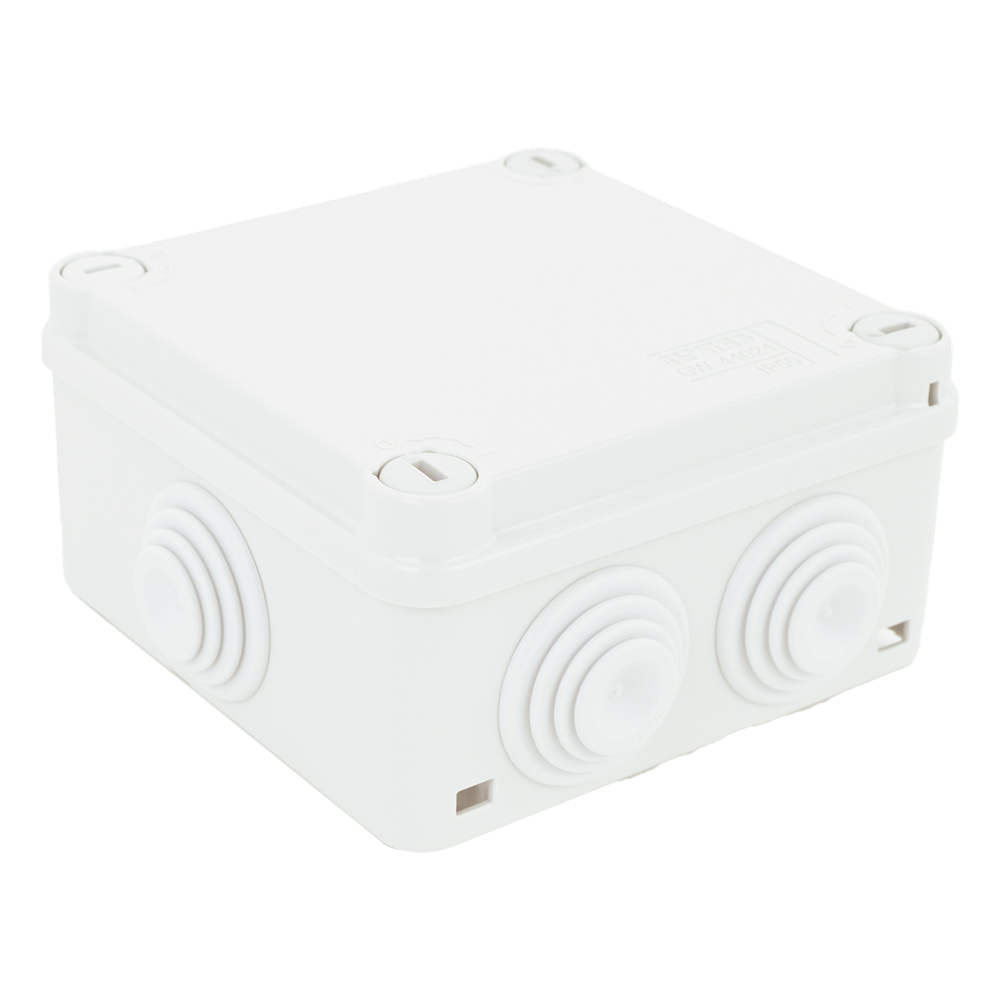 Caja Estanca de PVC Para Derivación y Conexión, 6 Entradas, Tapa con Tornillo de 1 / 4" de Vuelta, 100x100x50 mm (Área Interna), Uso Exterior IP55, Material que no Propaga el Fuego y Libre de Hálogenos
