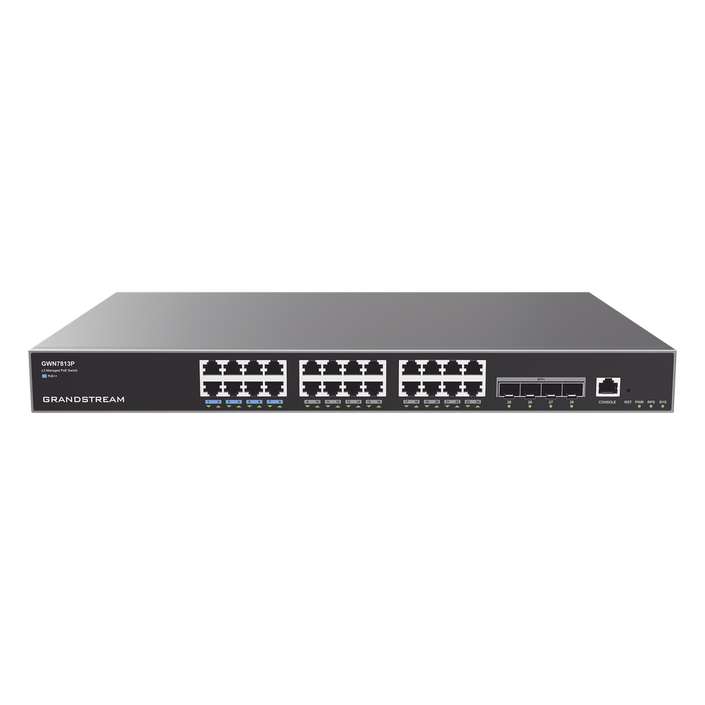Switch Capa 3 PoE+ Administrable / 24 puertos 10 / 100 / 1000 Mbps + 4 Puertos SFP+ de 10 Gigabits / Hasta 360W / Compatible con GWN Cloud