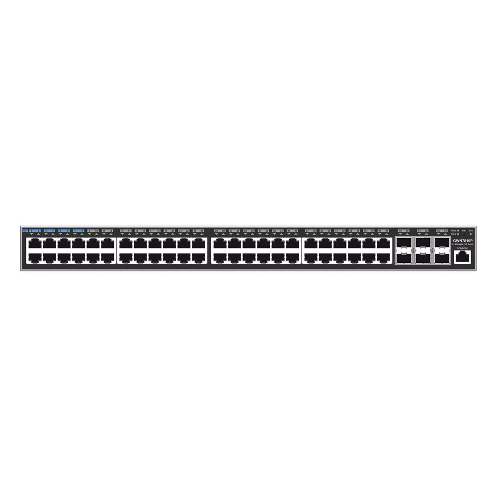 Switch administrable 48 puertos, PoE+, Gigabit, capa 3, 6 puertos SFP+