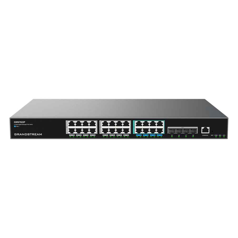 Switch PoE Multigigabit Capa 3 / 24 Puertos Ethernet PoE (16x 1G, 8x 2.5G) / 4 Puertos SFP+ / PoE++ Dinámico / IPv6 e IPv4 / VLAN Avanzada / QoS / Stacking hasta 4 Dispositivos / Administración Web y CLI