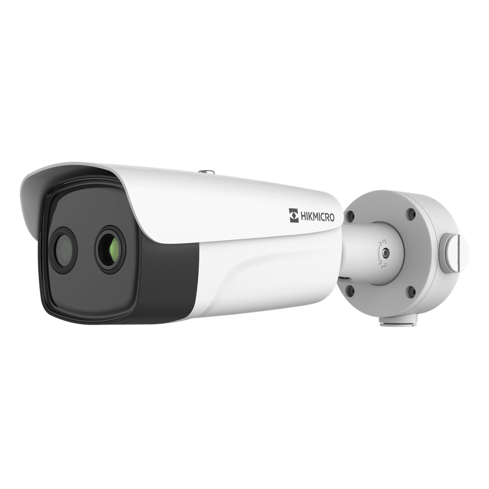 (HIKMICRO) Bala IP Bi-Espectral / Térmica (388 X 288 / 35 mm) + Óptica (4 MP / 12.4 mm) / IA GUANLAN / Rango: -20°C a 150°con 8°C Tolerancia / Detección de Fuego y Humo / Alarma Visual y Audible / Dual Light / PoE / Antico